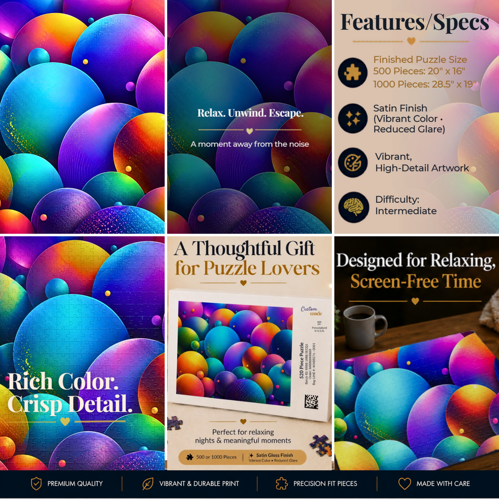 Colorful Abstract Sphere Puzzle, Vibrant Rainbow Orb Jigsaw Puzzle, Modern Art Puzzle, Bright Geometric Puzzle, 500 or 1000 Pieces