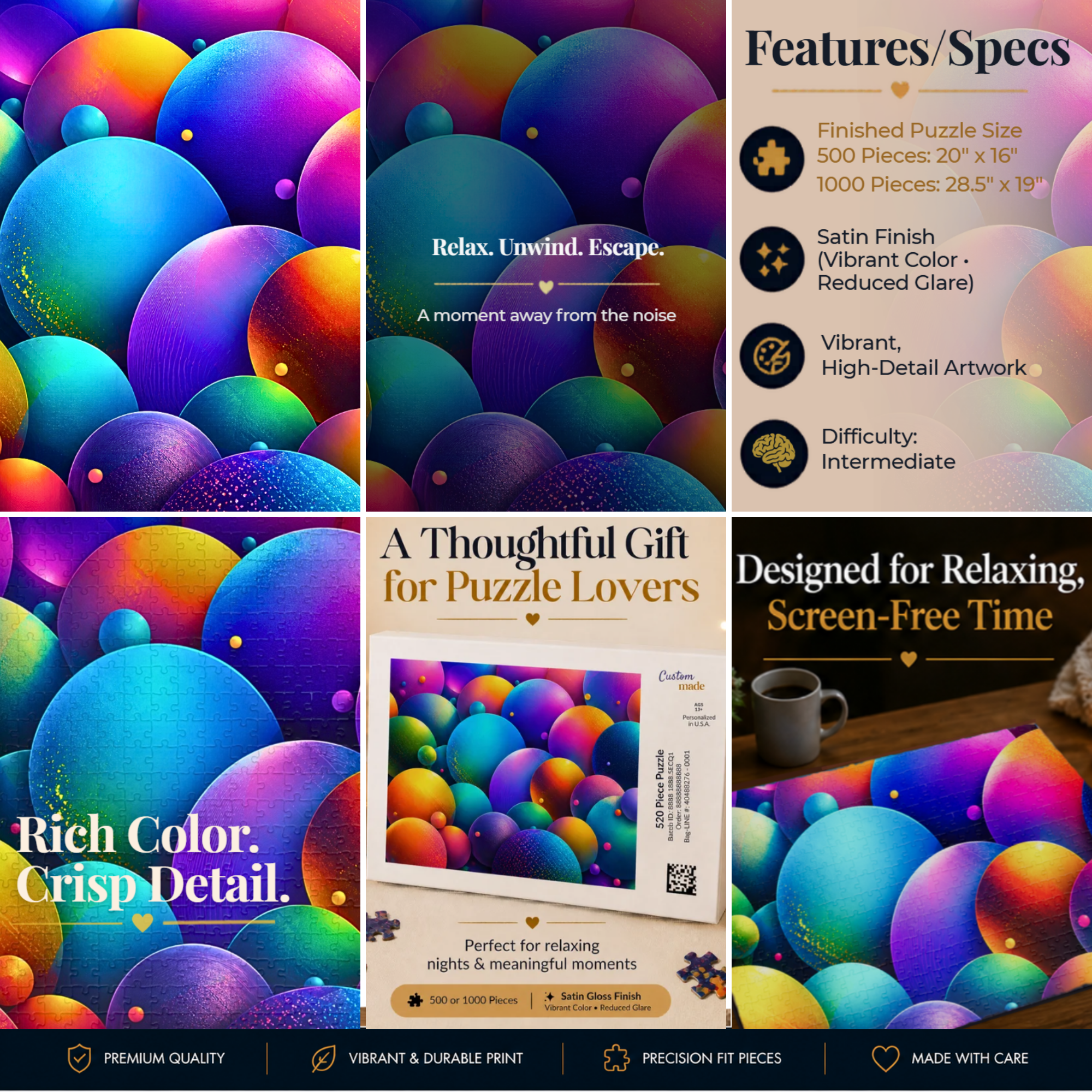 Colorful Abstract Sphere Puzzle, Vibrant Rainbow Orb Jigsaw Puzzle, Modern Art Puzzle, Bright Geometric Puzzle, 500 or 1000 Pieces