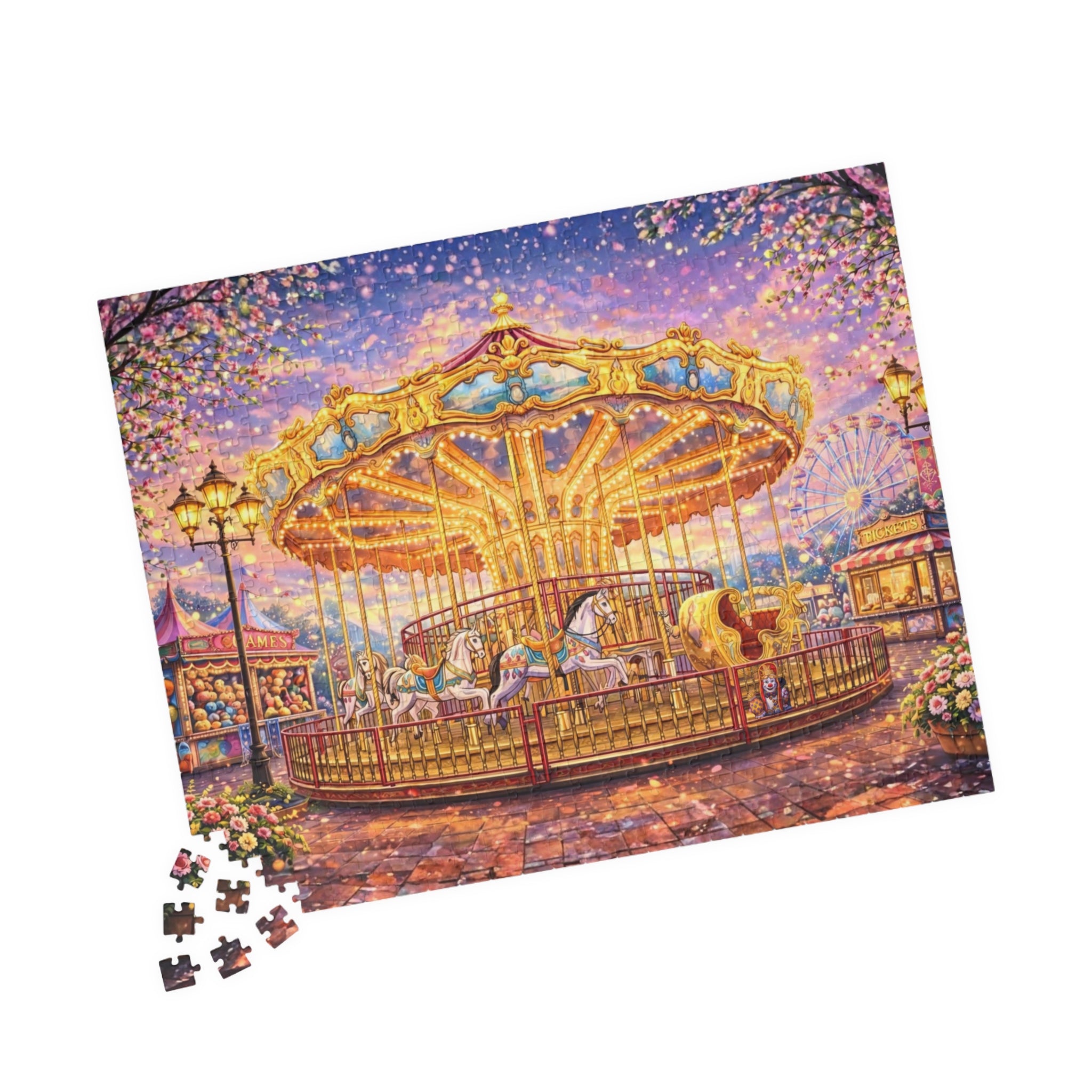 Carousel Jigsaw Puzzle 500 or 1000 Piece Vintage Fair Puzzle, Magical Amusement Park Art Puzzle