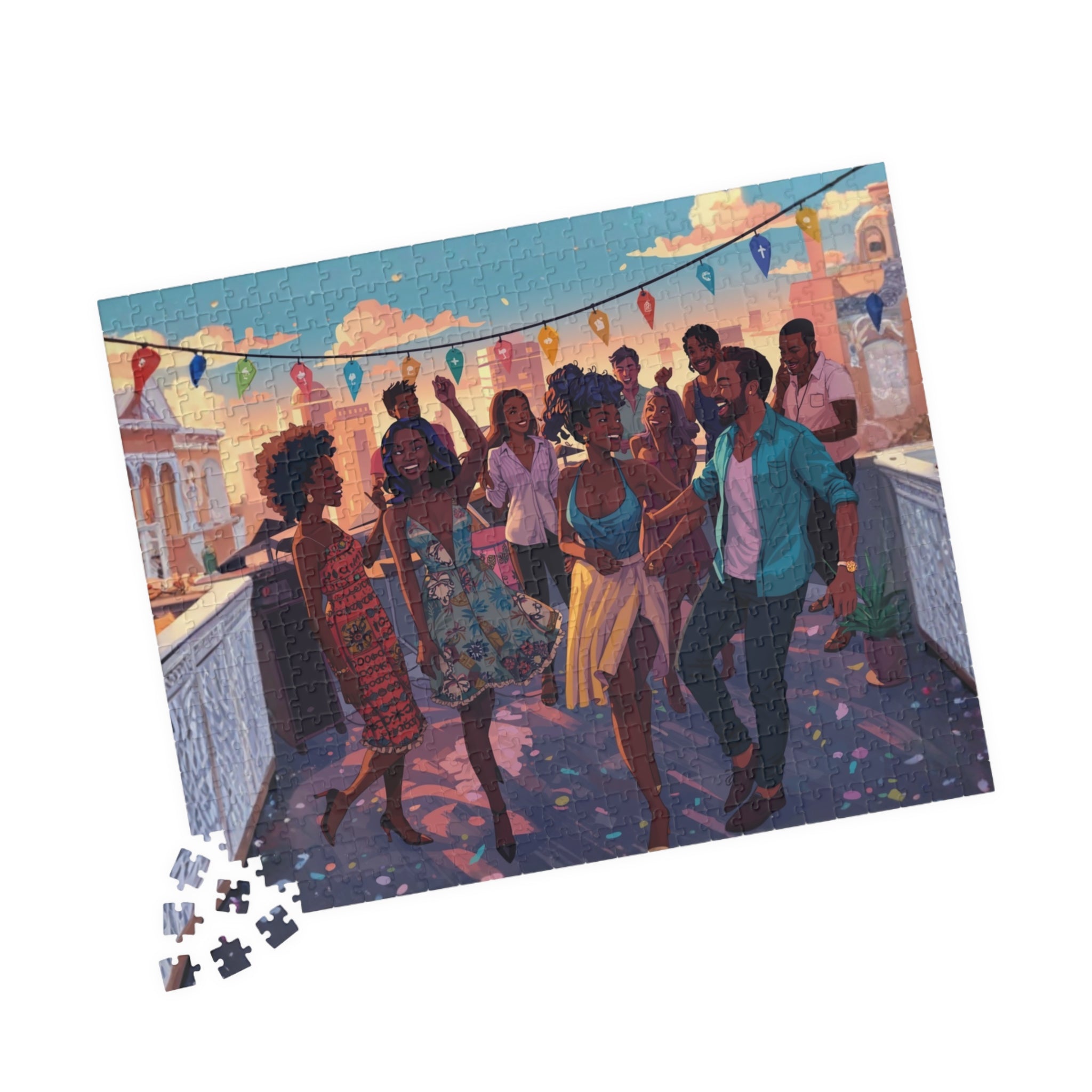 Sunset Rooftop Puzzle – 1000 Piece Jigsaw Puzzle, Party Scene Puzzle, Colorful City Night Puzzle, Gift for Puzzle Lovers