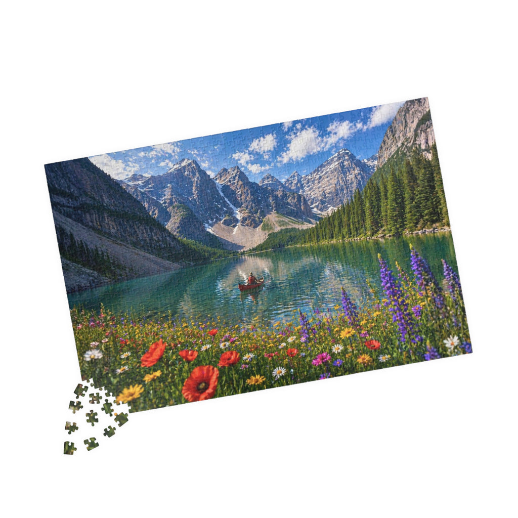 Mountain Lake Canoe Puzzle – Scenic Nature Jigsaw Puzzle, Alpine Lake & Wildflowers, Relaxing Landscape Puzzle, Gift for Nature Lovers